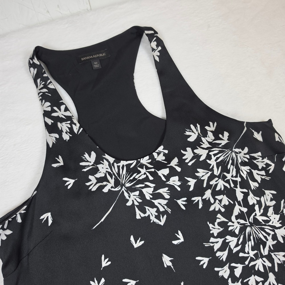 Banana Republic Black White Floral Racerback Pleated Ruffle Shift Dress Size 10